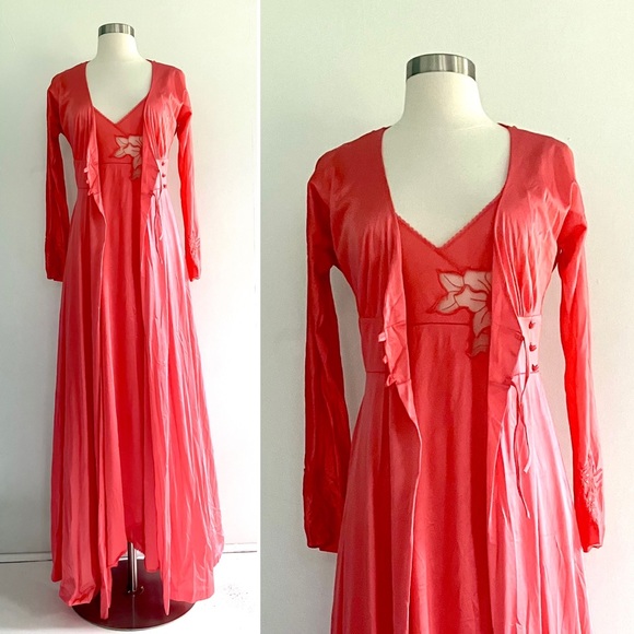 Vintage 70’s coral red orange lace flower slip gown dress & robe jacket set - Picture 12 of 16